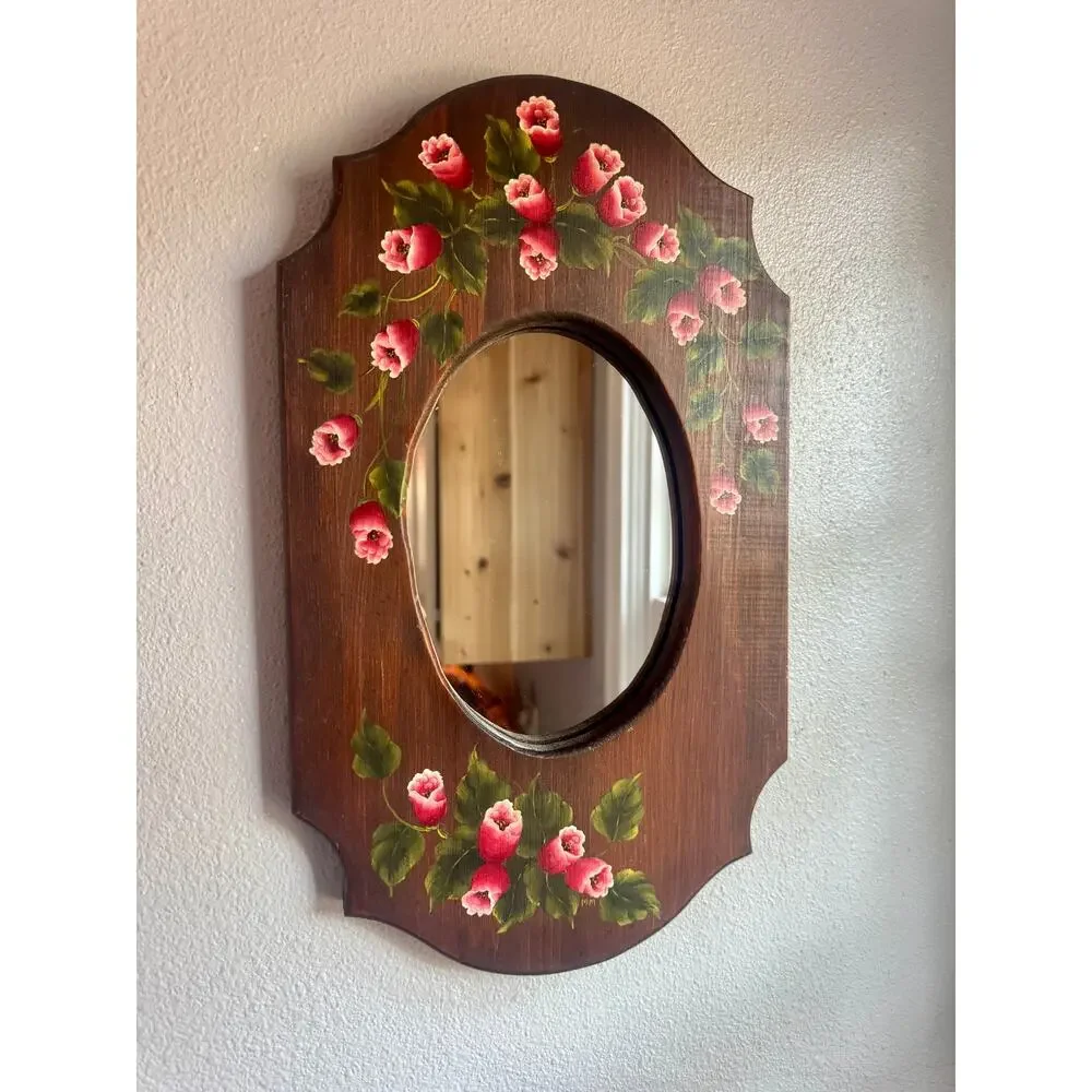 Vintage Hand Painted Floral Wood Wall Mirror Folk Art Pink Flowers